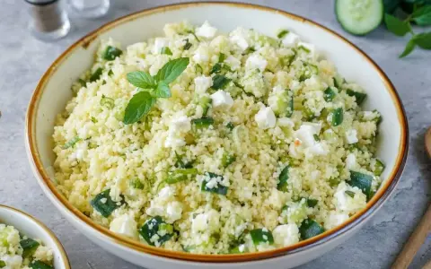 Frischer Couscous Salat mit Feta, Gurken und Minze, garniert mit einer Minzblatt.