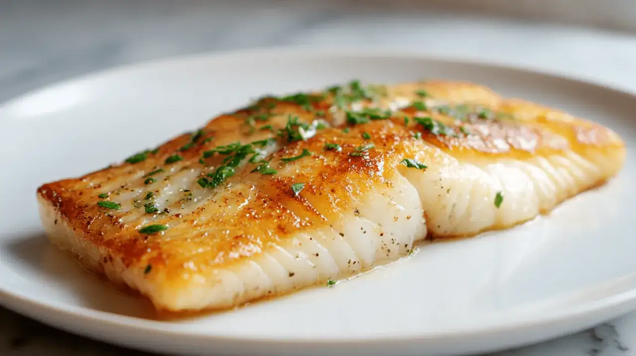 Saftiger Backfisch im Airfryer, goldbraun gebraten und mit frischer Petersilie bestreut, auf einem wei&szlig;en Teller.