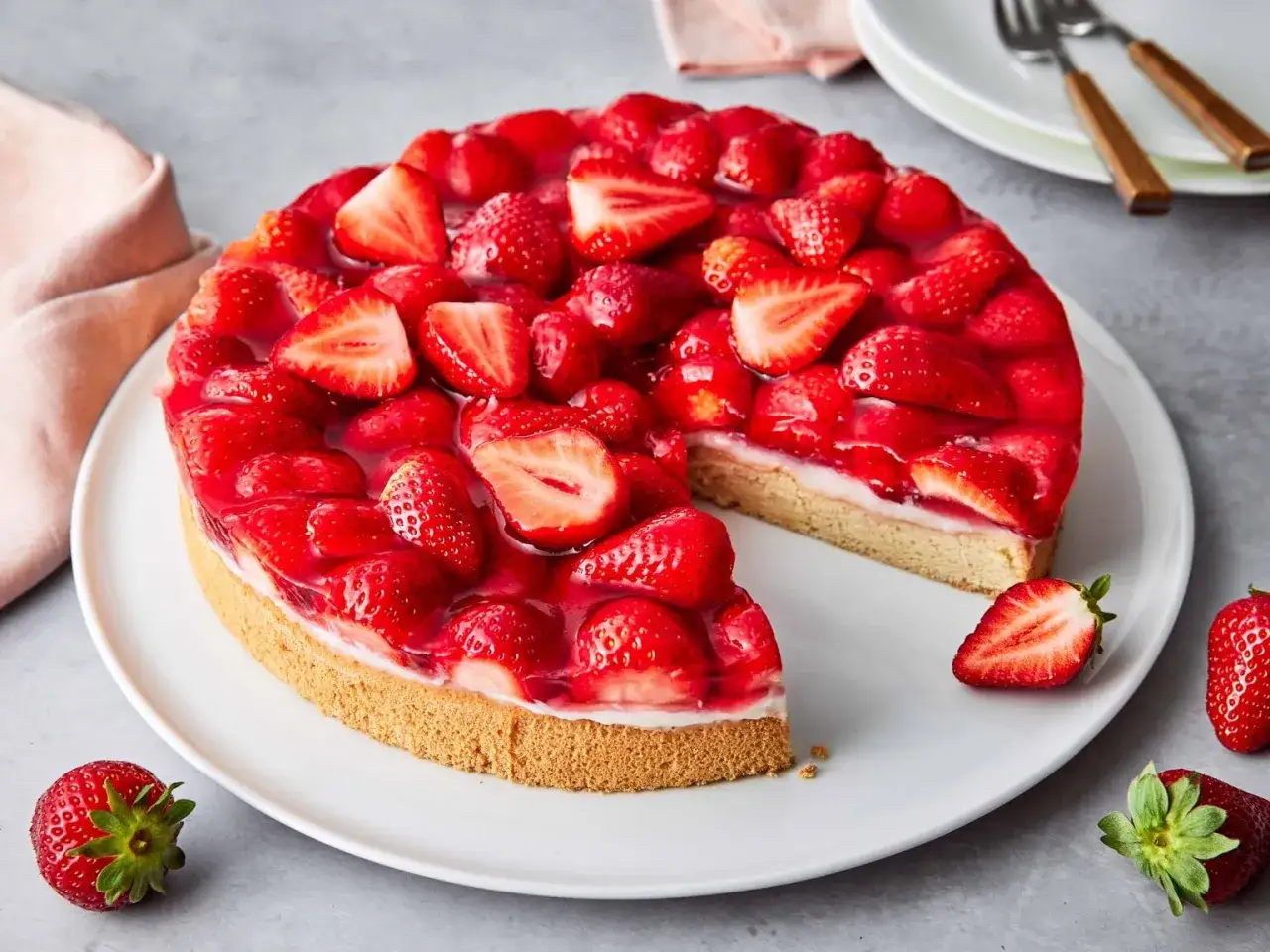 Saftiger Erdbeerkuchen mit frischen Früchten und Tortenguss. Ein leckeres Erdbeerboden Rezept für den Sommer.