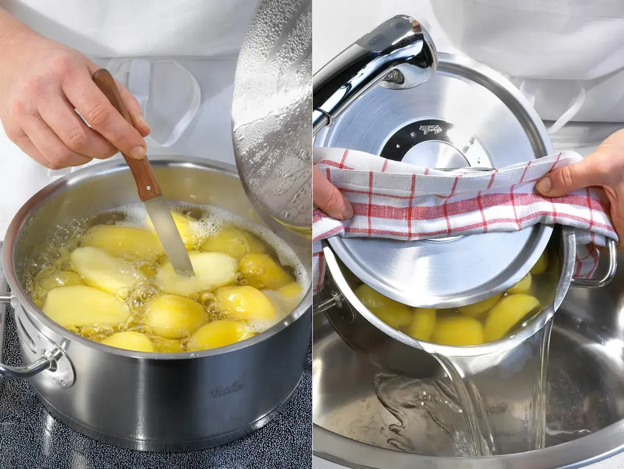 Kartoffeln kochen und mit einem Messer pr&uuml;fen, wann sind Kartoffeln gar. Dann abgie&szlig;en.