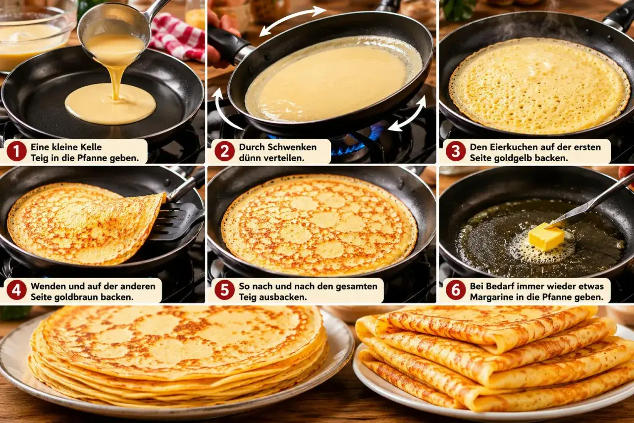 Schritt-f&uuml;r-Schritt-Anleitung f&uuml;r ein einfaches Eierkuchen Rezept: Teig in die Pfanne, d&uuml;nn verteilen, backen, wenden und stapeln. Lecker!