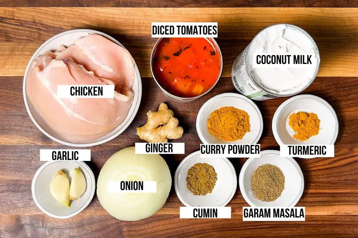 Zutaten f&uuml;r ein leckeres Curry-Rezept: H&auml;hnchen, Kokosmilch, Tomaten, Zwiebel, Knoblauch, Ingwer und Gew&uuml;rze wie Currypulver, Kurkuma, Kreuzk&uuml;mmel und Garam Masala.
