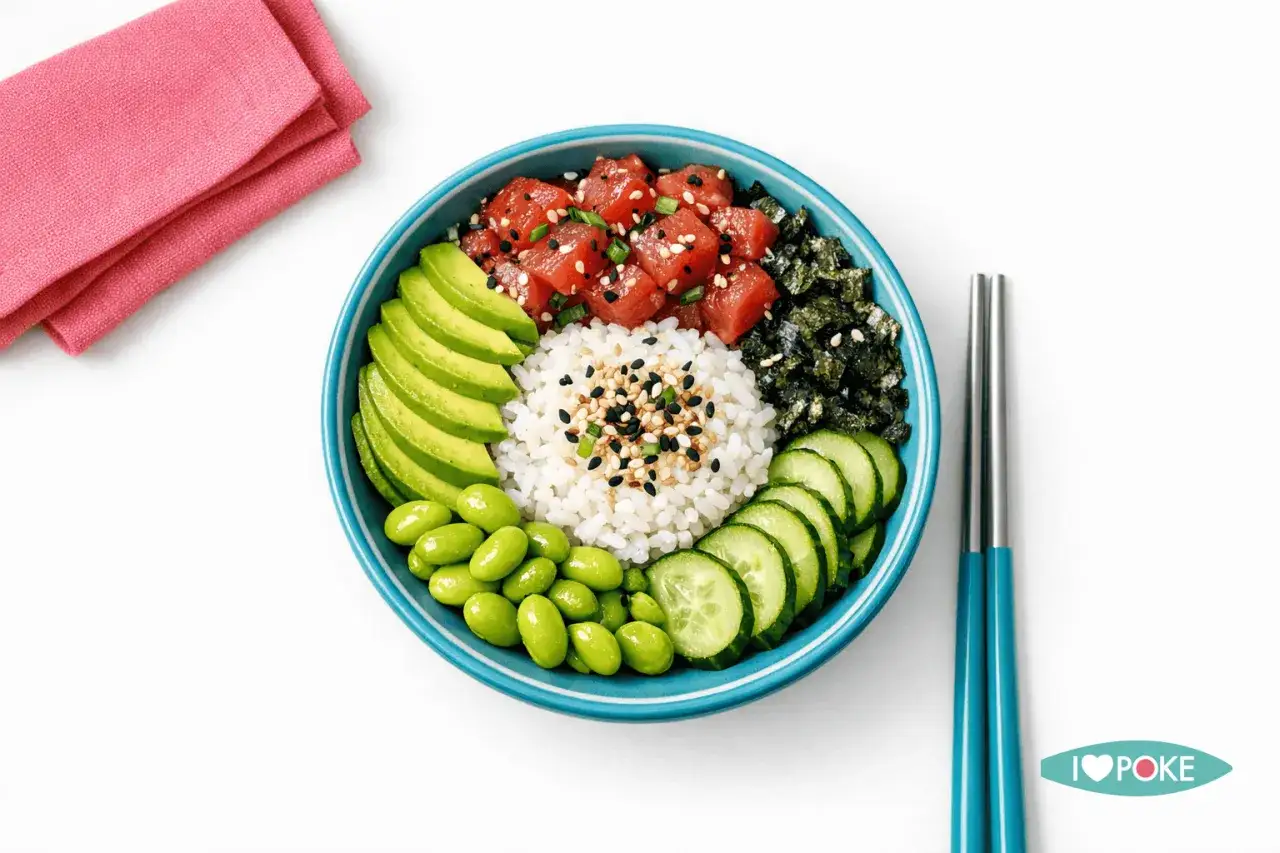 Eine bunte Poke Bowl mit Thunfisch, Reis, Avocado, Edamame und Gurke. Perfekt f&uuml;r eine gesunde Mahlzeit.