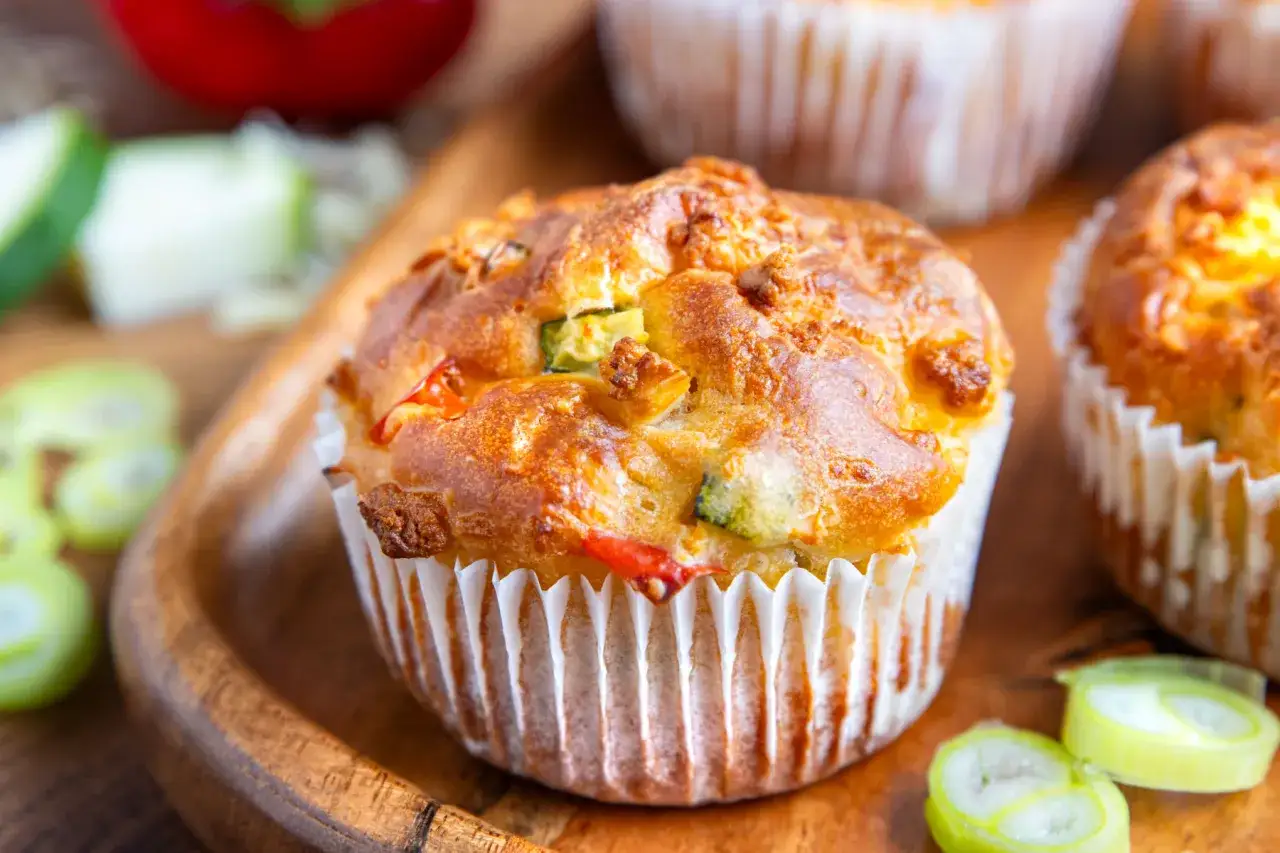 Goldbraune, herzhafte Muffins mit Gem&uuml;se wie Paprika und Zucchini auf einem Holzteller, garniert mit Fr&uuml;hlingszwiebelringen.