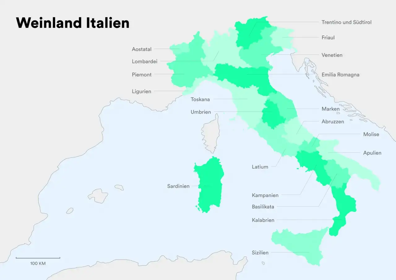 Karte von Italien, die Weinregionen in verschiedenen Gr&uuml;nt&ouml;nen zeigt. Von Nord nach S&uuml;d sind Provinzen wie Trentino, Friaul, Venetien, Emilia Romagna, Toskana, Latium, Apulien, Kalabrien und Sizilien markiert. Ein perfekter &Uuml;berblick &uuml;ber das Weinland ...