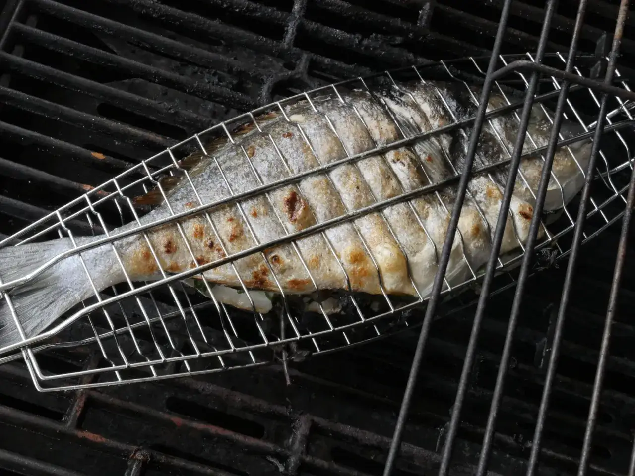 Ein ganzer Fisch wird in einem Grillkorb &uuml;ber gl&uuml;henden Kohlen gegrillt.