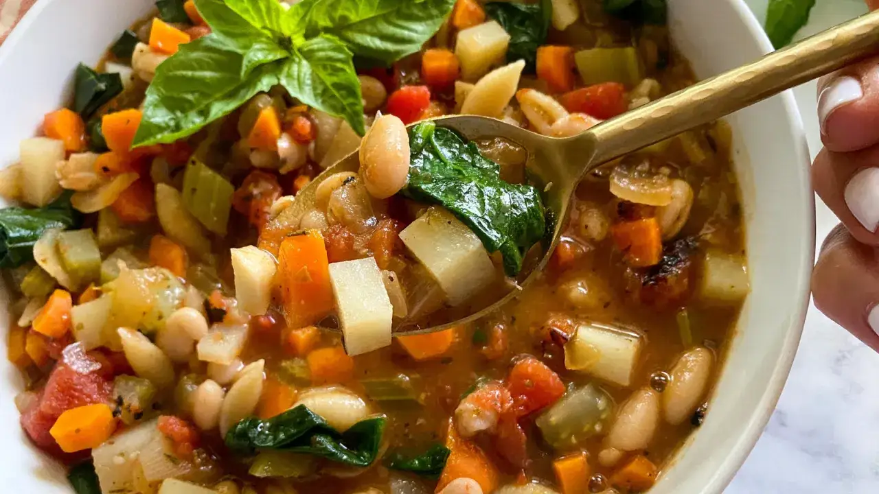 Herzhaftes Minestrone Rezept mit viel Gem&uuml;se, Bohnen und Pasta. Ein L&ouml;ffel voller Genuss!