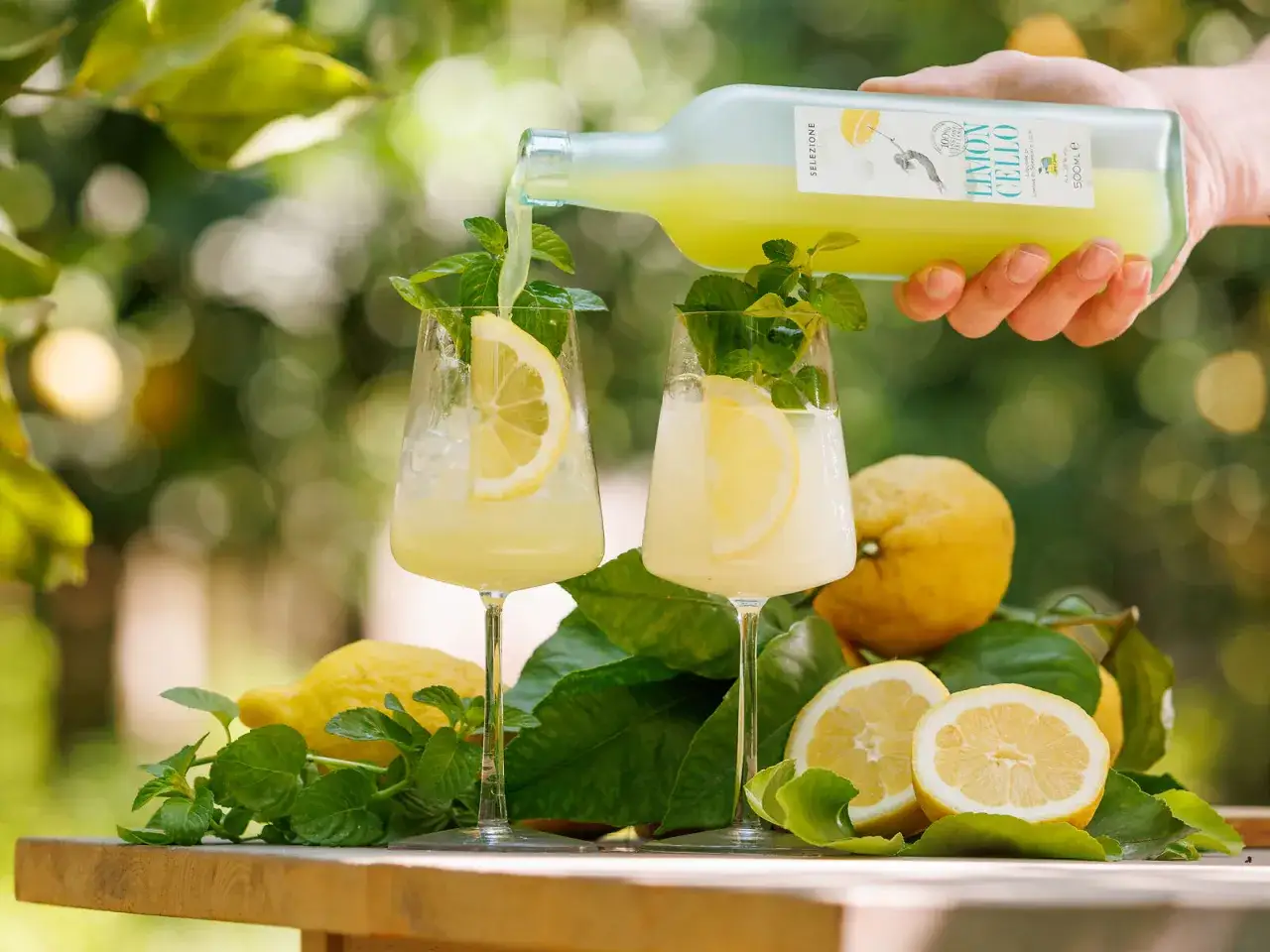 Erfrischender Limoncello Spritz wird in Gl&auml;ser mit Zitrone und Minze gegossen.