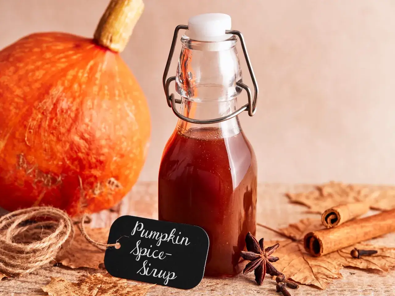 K&uuml;rbis, Zimtstangen und ein Glas mit selbstgemachtem Pumpkin Spice Sirup. Perfekt f&uuml;r die Herbstzeit.