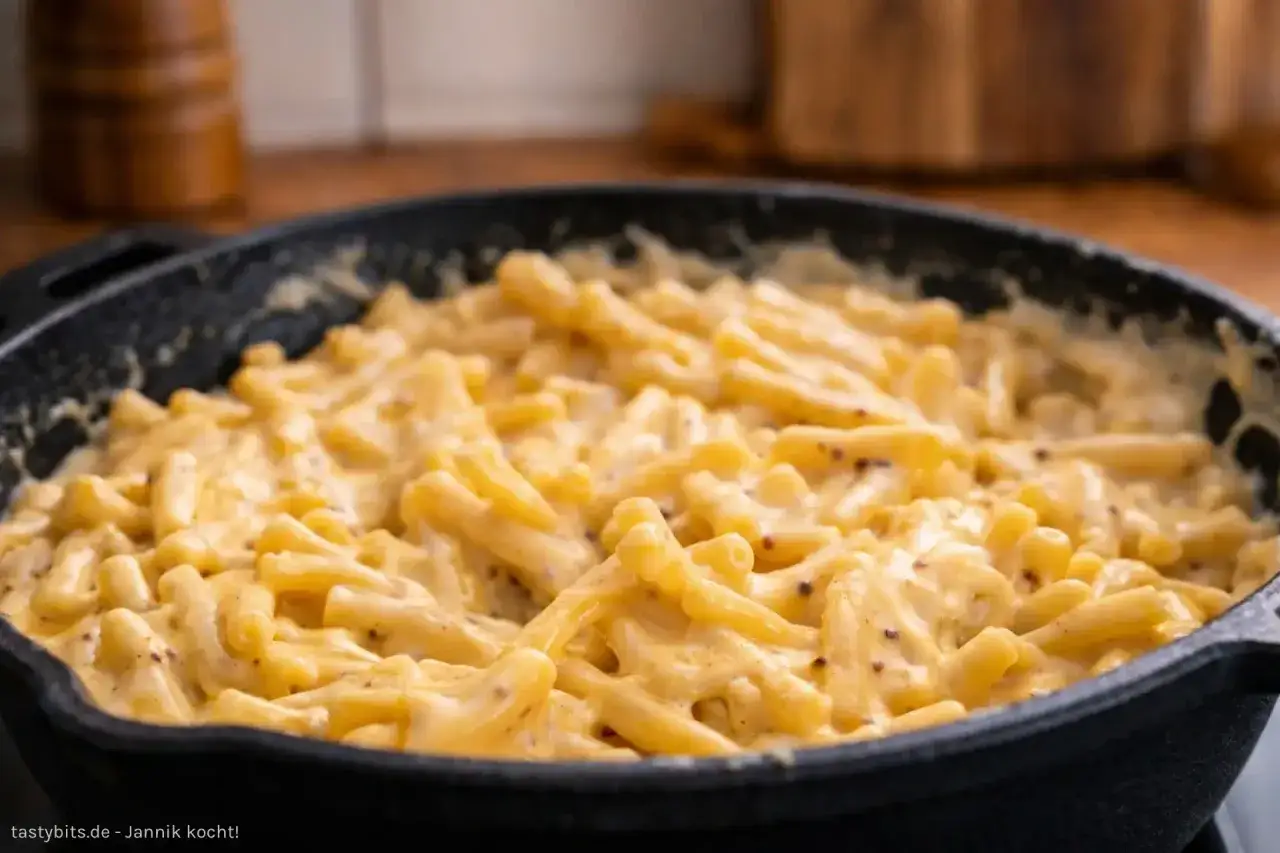 Cremiges Mac & Cheese Rezept in einer Gusseisenpfanne, perfekt f&uuml;r einen gem&uuml;tlichen Abend.