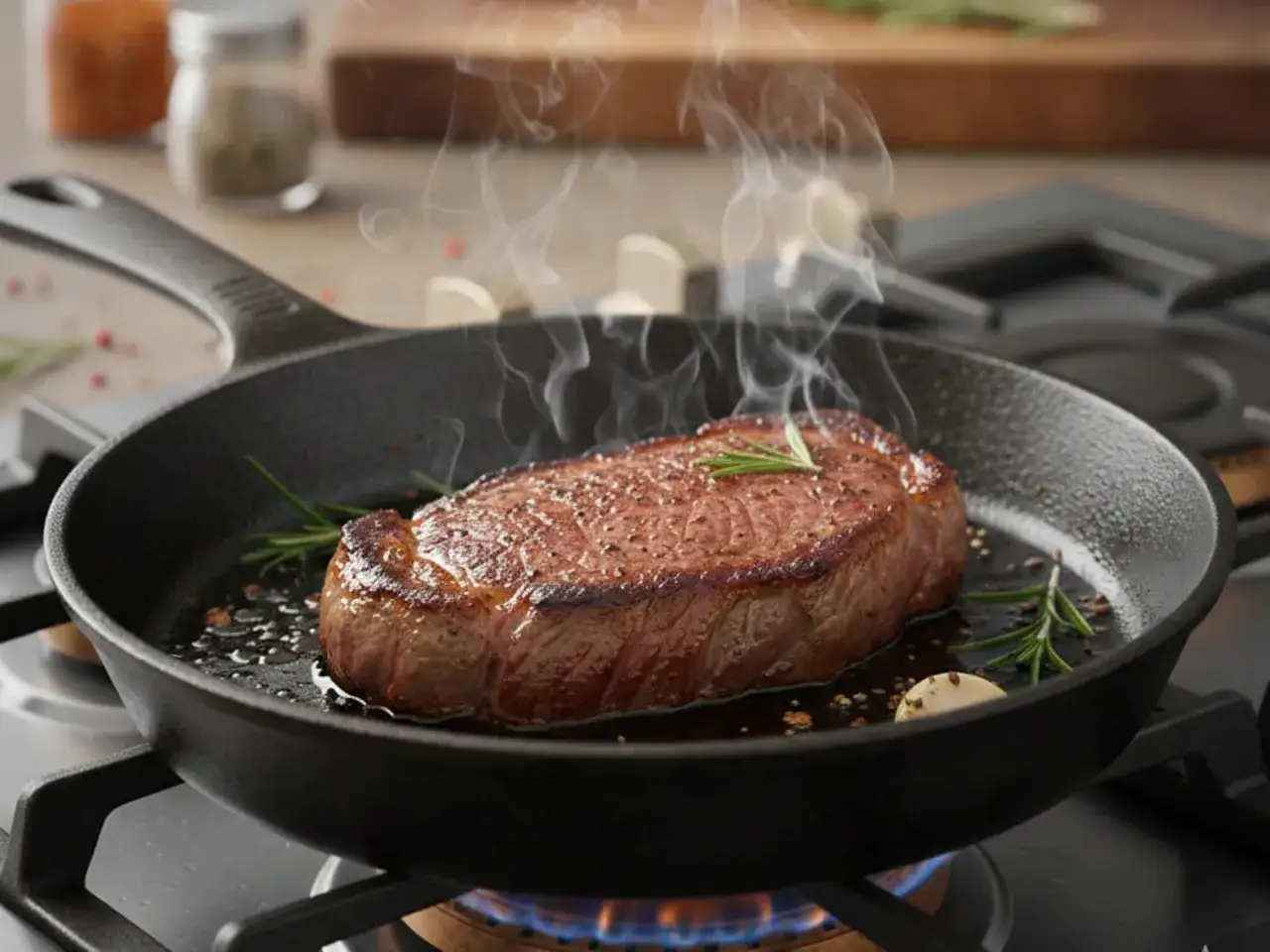 Ein saftiger Rumpsteak braten in einer Gusseisenpfanne mit Rosmarin und Knoblauch. Dampf steigt auf und verhei&szlig;t ein k&ouml;stliches Mahl.