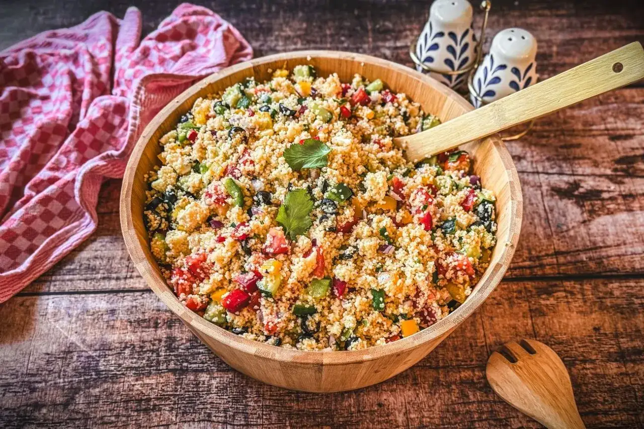 Ein bunter Couscous-Salat mit Feta, Tomaten, Gurken und Paprika, serviert in einer Holzsch&uuml;ssel. Perfekt f&uuml;r einen leichten Genuss.