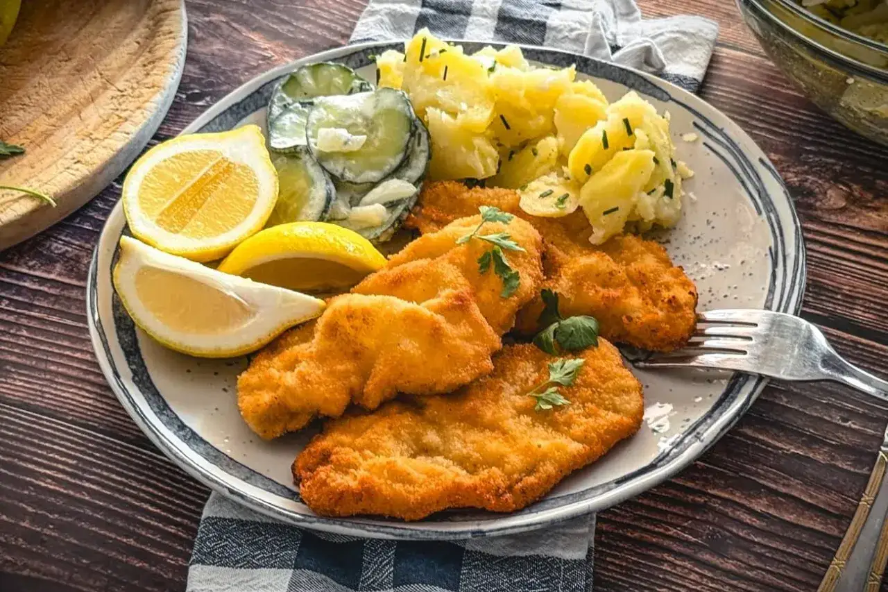 Goldbraunes paniertes Schnitzel braten wie lange? Dazu Kartoffelsalat, Gurkensalat und Zitronenspalten. Perfekt f&uuml;r ein deftiges Essen!