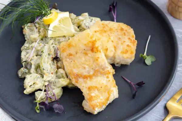 Gebratener Kabeljau mit Kartoffelsalat und Dill. Perfekt gebraten, wie lange? Ein Genuss!