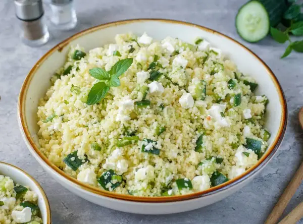 Frischer Couscous Salat mit Feta, Gurken und Minze, garniert mit einer Minzblatt.